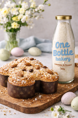 Colomba di Pasqua Italian Easter cake with One Bottle Bakery Colomba baking mix bottle