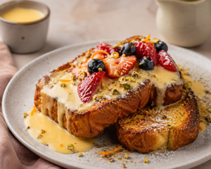 Tsoureki French toast topped with crème anglaise and berries