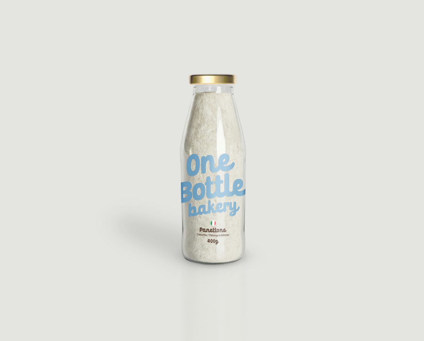 panettone baking mix in a glass bottle with layered ingredients, ready-to-bake traditional Italian sweet bread