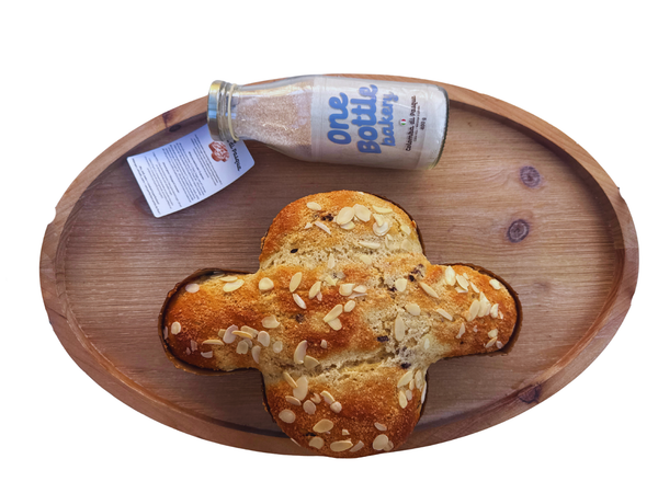 One Bottle Bakery Colomba di Pasqua Italian Easter cake mix in Canada with baked colomba cake and glass bottle baking mix