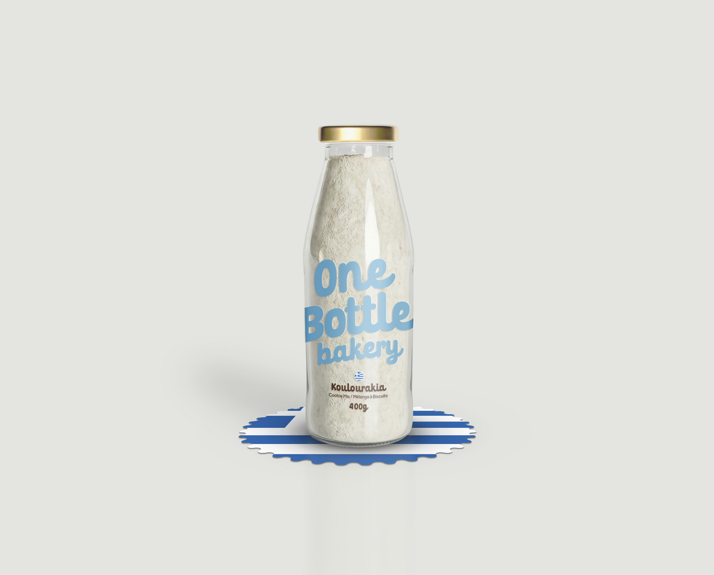 One Bottle Bakery koulourakia baking mix bottle for traditional Greek butter cookies ready to bake at home