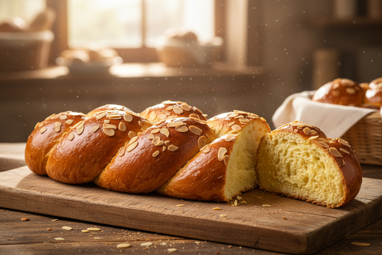 Freshly baked and sliced tsoureki Greek sweet bread made with One Bottle Bakery baking mix